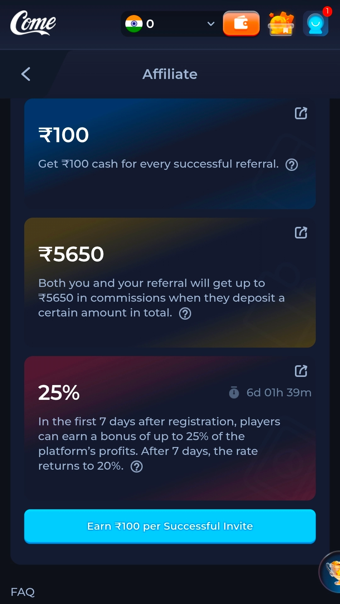 Come game refferal system